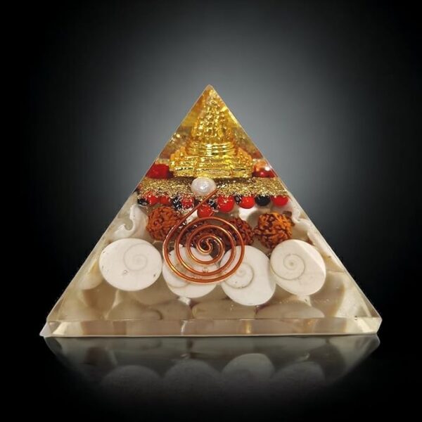 Orgone Pyramid with Clear Quartz, Rudraksha, Laxmi Yantra, Gomati Chakra for Wealth, Prosperity, Meditation